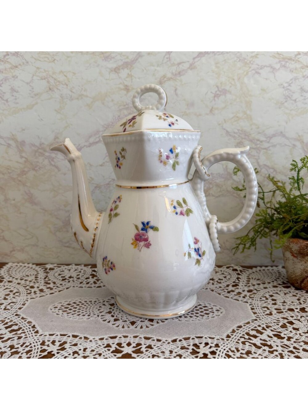 Antique Victorian Ironstone Chocolate Pot Lidded Coffee Server Floral Gold 10.5"